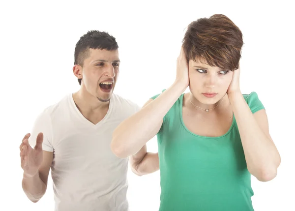 Young man and woman arguing isolated on white background — Stock Photo, Image