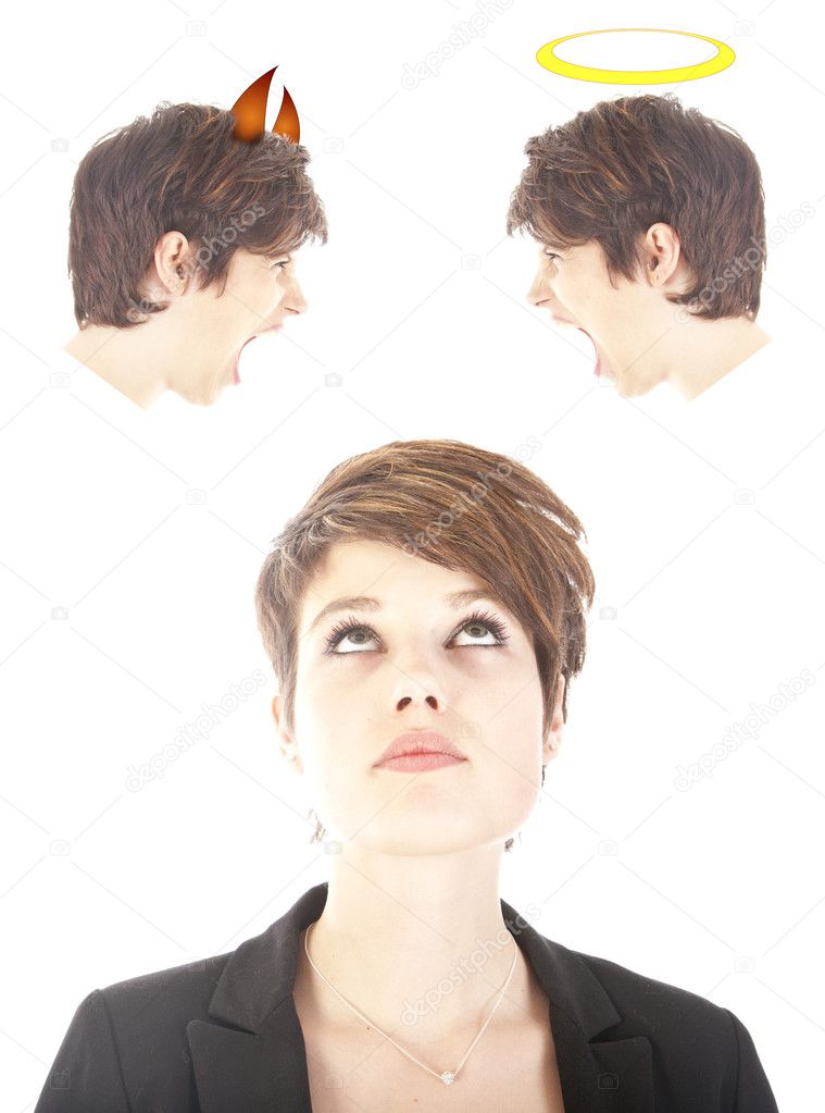 Young woman making choice with devil and angel isolated on white background