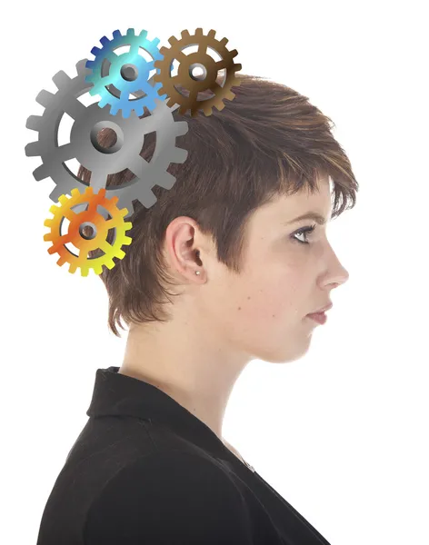 Beyaz arka plan üzerinde izole gears ile düşünme genç bir kadın — Stok fotoğraf