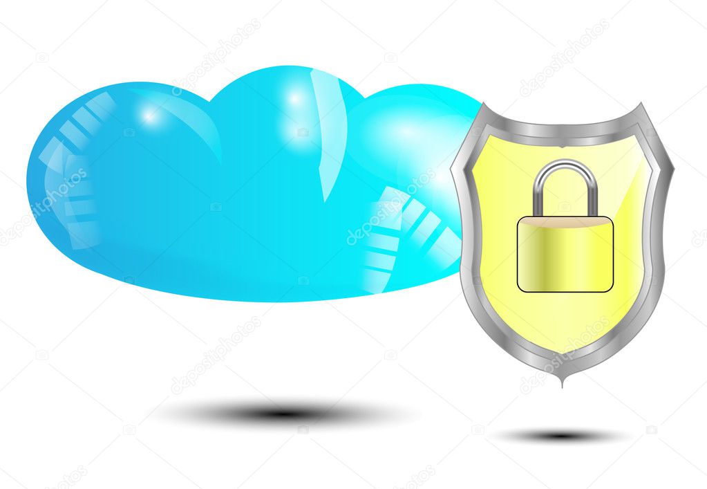 Blue cloud with yellow security lock isolated on white background