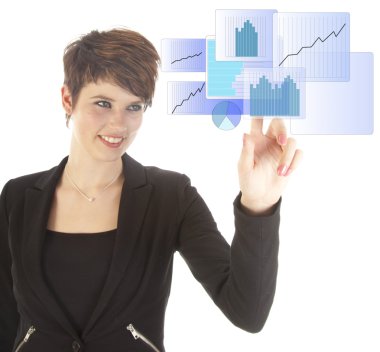 Beyaz arka plan üzerinde izole mavi sanal grafik olan kadın