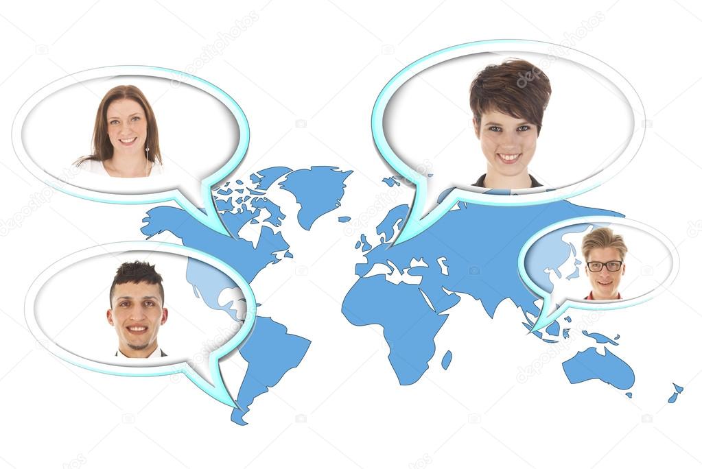World map with several balloons with persons isolated on white background