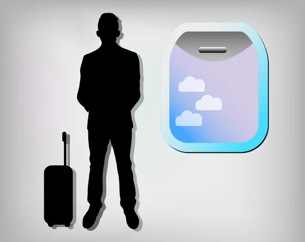 Illustratie van zakenman met vliegtuig venster — Stockvector