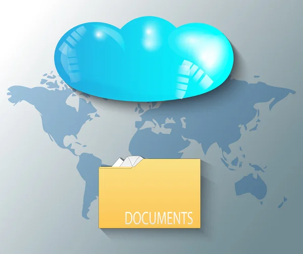 Ilustración de nube con mapa del mundo y documentos — Vector de stock