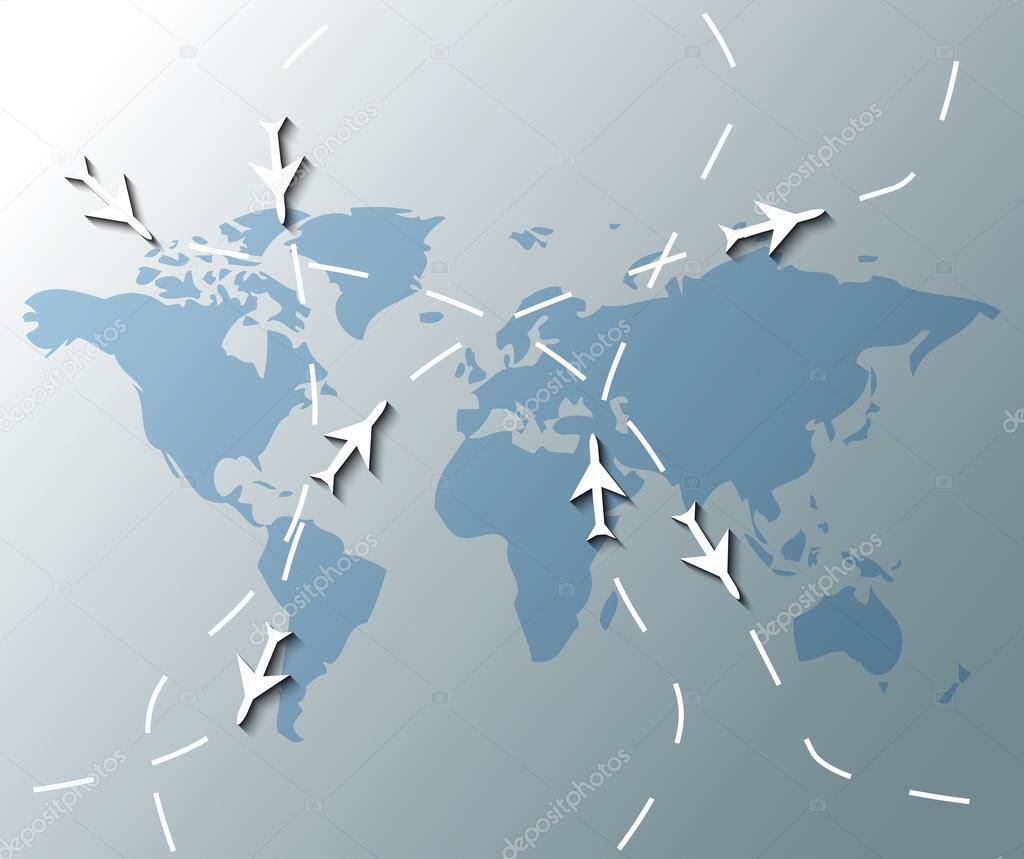 Illustration of world map with airplanes