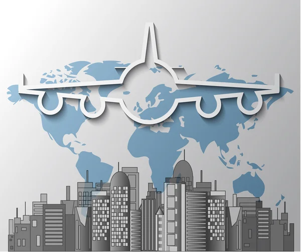 Ilustrace letadla s panoramatem města na mapě světa — Stockový vektor