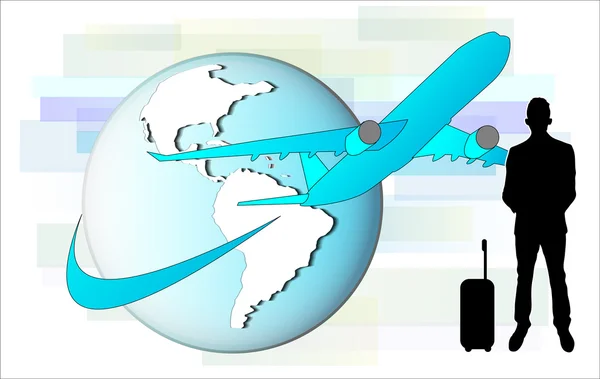 Illustration av affärsman med flygplan och jordklotet — Stock vektor