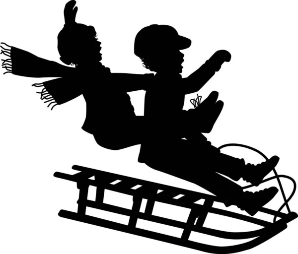 Editable Vector Silhouette Two Children Having Fun Sledge Figures Sledge — Stock Vector