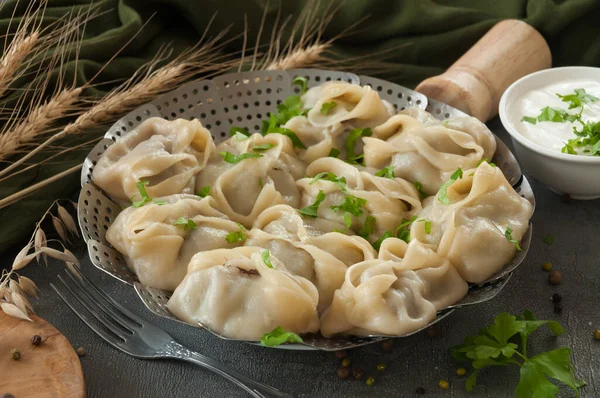 manty or manti traditional oriental steamed dish with beef