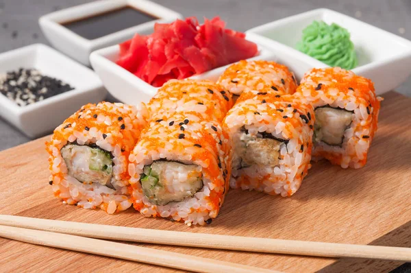 Tasty Sushi Rolls Shrimp Cucumber Tobiko Caviar — стоковое фото