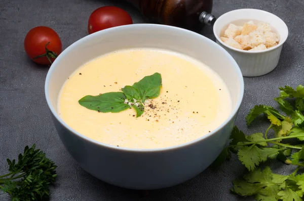 Tasty Cheese Soup Croutons Basil Black Pepper — Stock Photo, Image