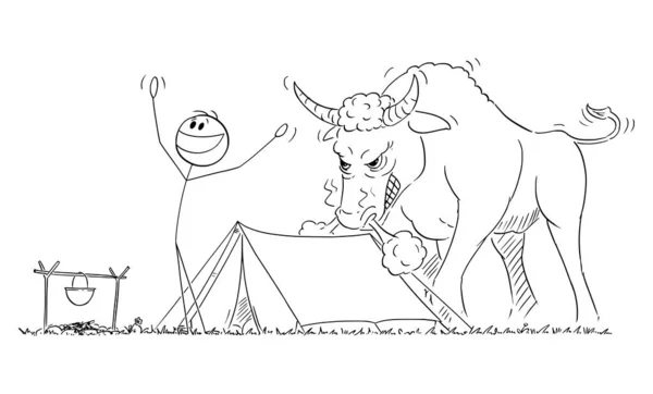 Glücklicher Mensch, der den Morgen in Zeltnähe genießt, wütender Stier hinter ihm, Vector Cartoon Strichmännchen Illustration — Stockvektor
