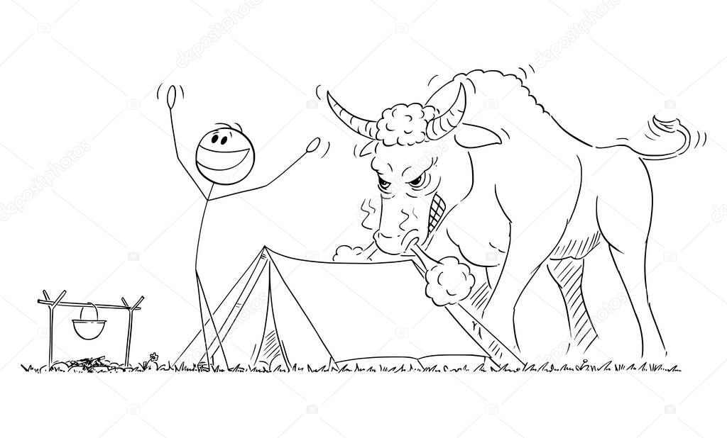 Happy Person Enjoying Morning Near Tent , Angry Bull in Behind Him , Vector Cartoon Stick Figure Illustration
