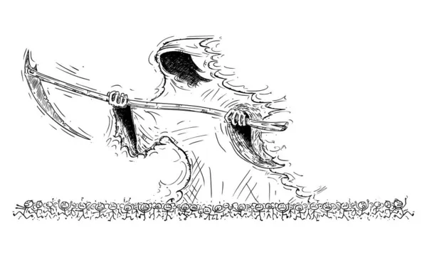 Grim Reaper or Death Personification Scythe Dav lidí, Vector Cartoon Stick Figure Illustration — Stockový vektor