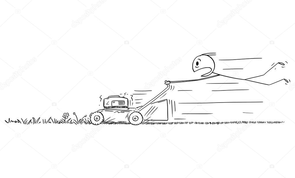 Man Using Mad Lawn Mower to Cut the Grass on Garden, Vector Cartoon Stick Figure Illustration