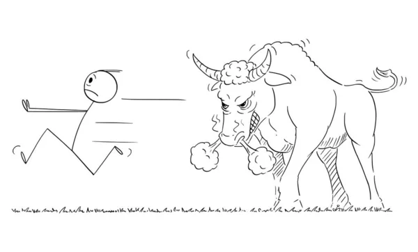 Πρόσωπο ή επιχειρηματίας τρέχει μακριά σε πανικό από επικίνδυνο Angry Bull, έννοια της χρηματοπιστωτικής αγοράς, διάνυσμα εικονογράφηση ραβδί κινουμένων σχεδίων — Διανυσματικό Αρχείο