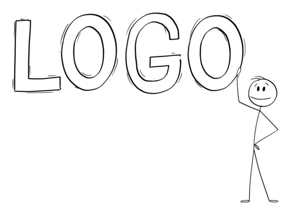 Person som lutar mot logotyp, Begreppet Logotyp Design, vektor tecknad Stick Figur Illustration — Stock vektor