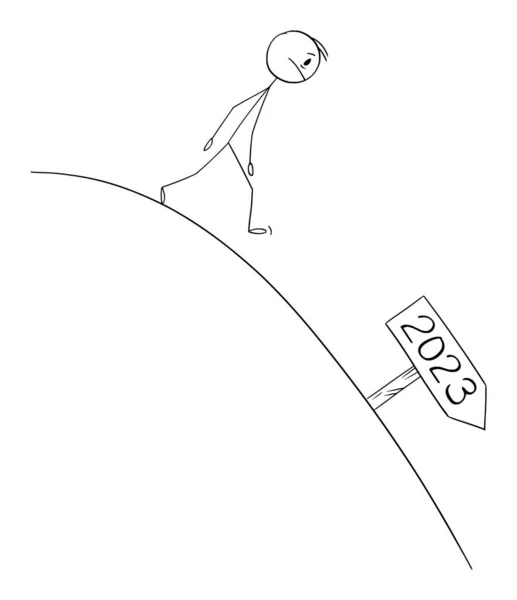 Persona che cammina giù per la collina, cattive aspettative dall'anno 2023, illustrazione della figura del bastone del fumetto vettoriale — Vettoriale Stock