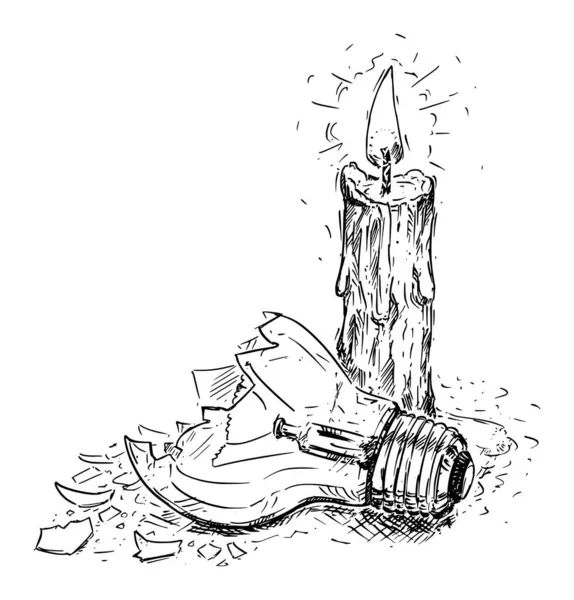 Svíčka a rozbitá žárovka, bez elektrické energie, koncepce energetické chudoby, vektorová kreslená ilustrace — Stockový vektor