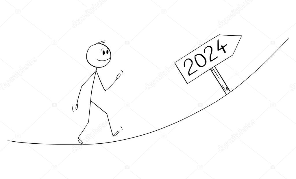 Person Walking Up, Great Expectations From Year 2024, Vector Cartoon Stick Figure Illustration