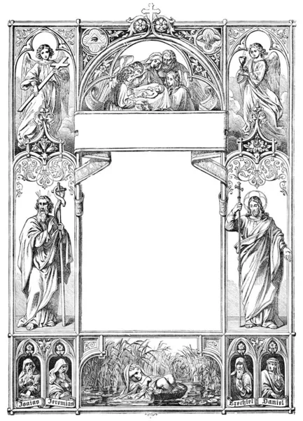 Cover or Book Jacket Frame with Saints, Prophets, Nativity Scene And Baby Moses. Bible, Old and New testament. Vintage Antique Drawing — Stock Photo, Image