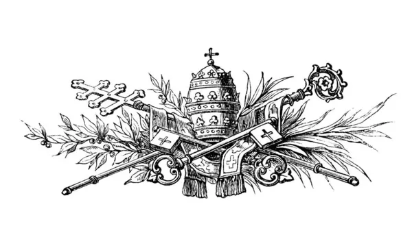 Ornamental Text Divider, Papal or Pope Triple Crown Mitre, Staff and Key to Heaven (англійською). Яскраве стародавнє малювання — стокове фото