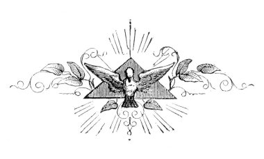 Tanrı 'nın Kutsal Ruhu' nu temsil eden Kuşla Süslü Metin Böcü. İncil, Eski ve Yeni Ahit. Antika Çizim