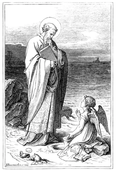 Helige Paulus aposteln Besökt av Angel på stranden. Bibeln, Nya testamentet. Vintage antikritning — Stockfoto