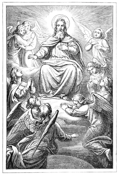 God the Father Sitting on Throne in Heaven Surrounded by Angels or Cherubs. Bible, Old testament. Vintage Antique Drawing