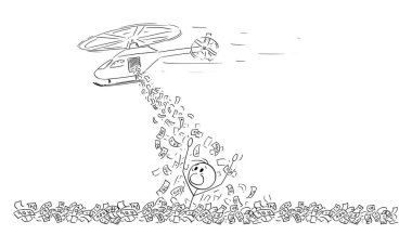 Nakit Boğulan Kişi, Hükümet Fazlasını Ediyor, Helikopter Para Konsepti, Vektör Karikatür Şekil Çizimi