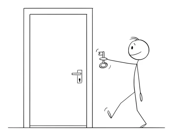 Puerta cerrada, persona que trae la llave, concepto del problema y de la solución, ilustración de la figura del palillo de la historieta del vector — Vector de stock