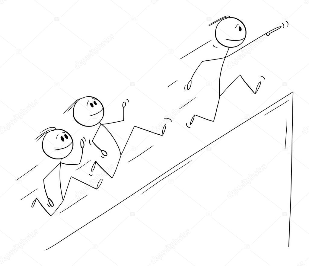 Businessmen Running Up, but Recession or Crisis is Coming, Vector Cartoon Stick Figure Illustration