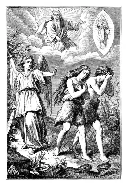 Espulsione dal Giardino dell'Eden. Adamo ed Eva se ne vanno. Bibbia, Antico Testamento. Disegno antico vintage — Foto Stock