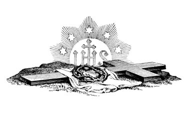 Divider with Jesus Christ Cross, Crown of Thns and IHS Letters. Bible, New Testament. Antika Çizim
