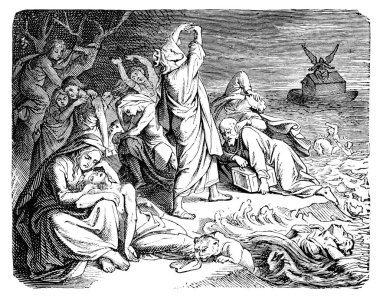 İncil 'de Yaradılış Tufanı ve Nuh Yayı su üzerinde yüzüyor. İncil, Eski Ahit. Genesis, Antika Çizim