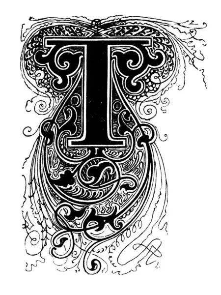 Tőkés dekoratív oratív oratív levél T, virágdíszítéssel vagy díszítéssel. Vintage antik rajz — Stock Fotó