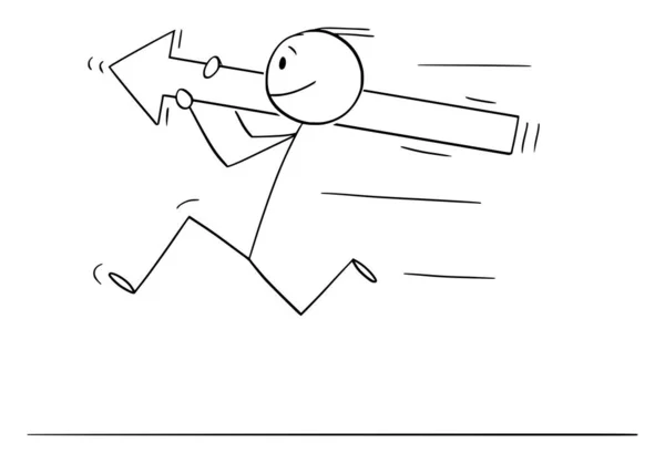 Uomo d'affari o persona che corre e tiene Freccia grande, illustrazione della figura del bastone del fumetto del vettore — Vettoriale Stock