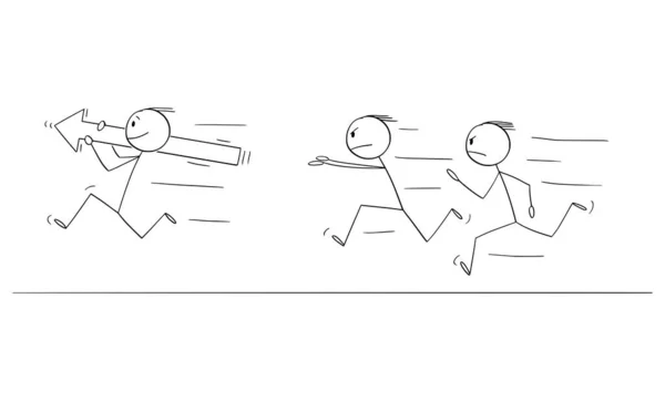 Businessman 또는 Person Running and Holding Big Arrow, Angry Men are Chasing He, Vector Cartoon tick Figure Illustration — 스톡 벡터