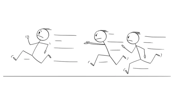 Person läuft, wütende Männer jagen ihn, Vector Cartoon Strichmännchen Illustration — Stockvektor