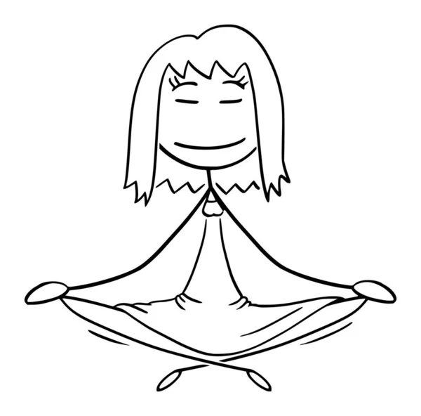 Frau meditiert in Lotus-Position, Vektor-Cartoon-Strichmännchen-Illustration — Stockvektor