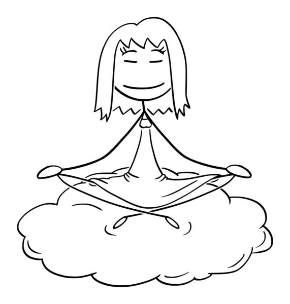 Женщина медитирует в позе лотоса на облаке, векторная иллюстрация с палкой