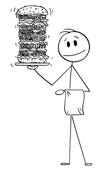 Waiter Carrying High or Big Burger in Restaurant, Vector Cartoon Stick Figure Illustration — Stock Vector