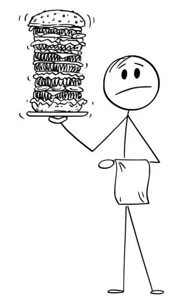 Phantasievoller Restaurantkellner mit High oder Big Burger, Vector Cartoon Stick Figure Illustration — Stockvektor