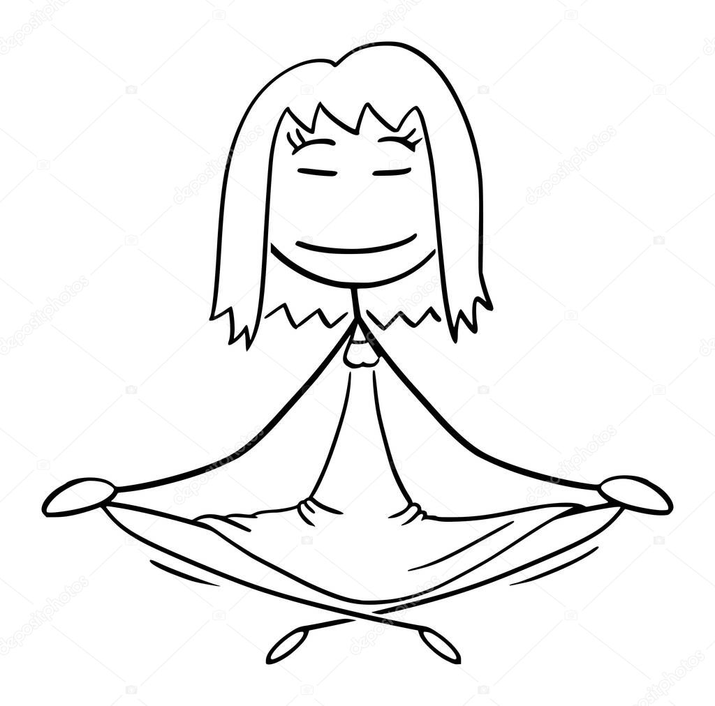 Woman Meditating in Lotus Position , Vector Cartoon Stick Figure Illustration