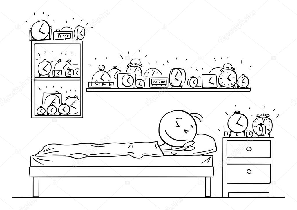 Person Sleeping in Bedroom with Many Alarm Clocks, Vector Cartoon Stick Figure Illustration
