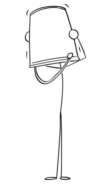 Person With Bucket on Head, Hiding Face from Shame, Vector Cartoon Stick Figure Illustration