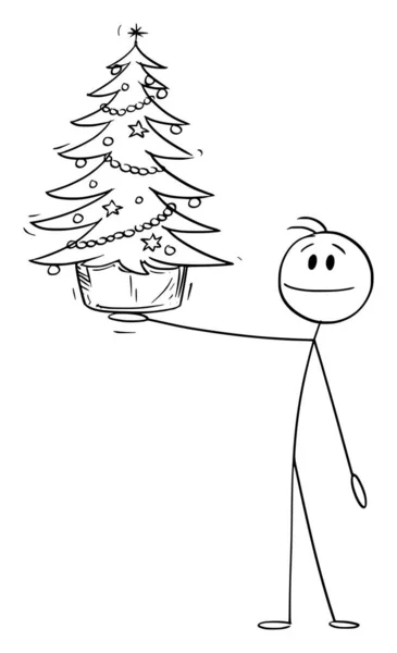 Person Holding Decorated Christmas Tree, Vector Cartoon Stick Figure Illustration — Stockvektor