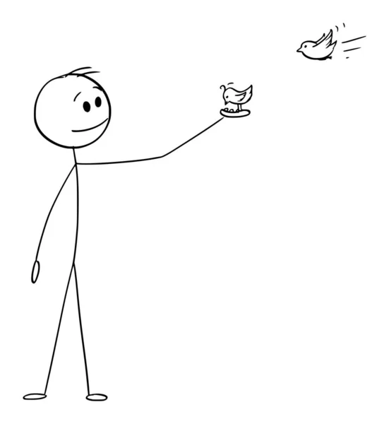Person Feeding Birds on Hand, Vector Cartoon Stick Figure Illustration — Vettoriale Stock