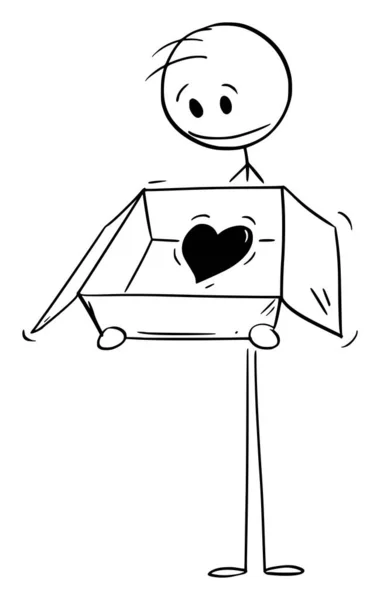 Person Holding Box and Giving Love or Heart as Gift, Vector Cartoon Stick Figure Illustration — Stockvektor