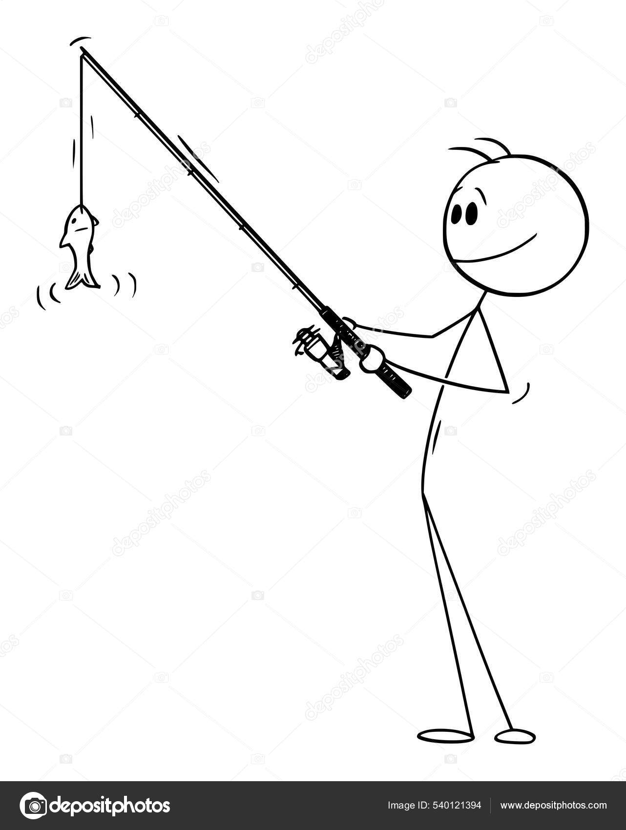 Fisherman Holding Rod and Fishing Small Fish , Vector Cartoon